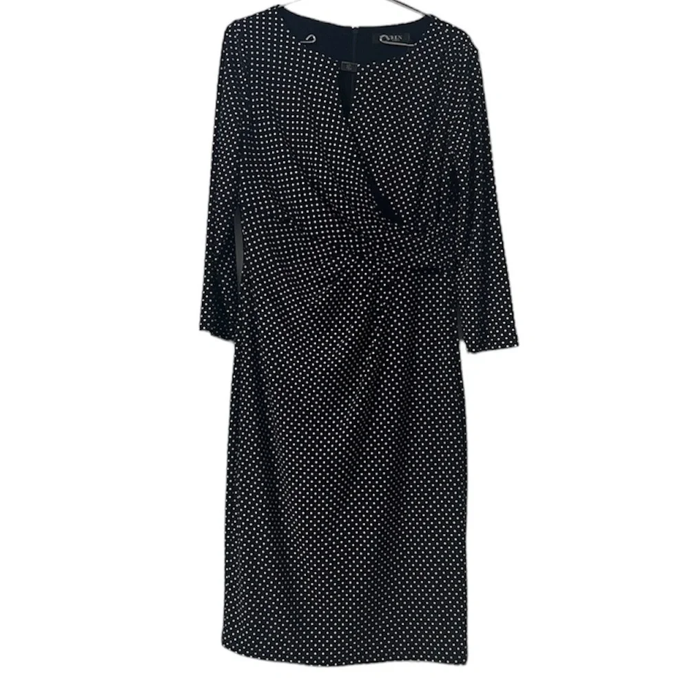 NEW Ralph Lauren Faux Wrap Ruched Jersey Knit Polka Dot Midi Dress in Navy Sz 6